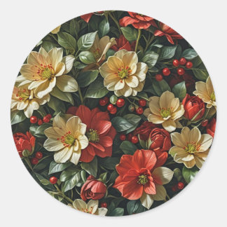 Sticker Rond Poinsetia, fleurs rétro en rouge et vert