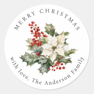Sticker Rond Poinsettia Aquarelle Houx Baies Rouges Noël