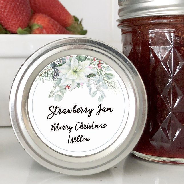 Sticker Rond Poinsettia blanche pot Mason maison vide (White Poinsettia Blank Homemade Mason Jar Classic Round Sticker)