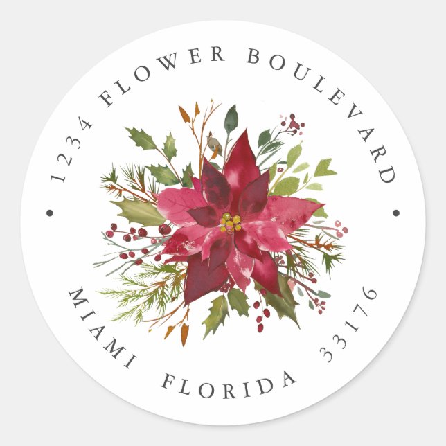 Sticker Rond Poinsettia Bouquet Botanique Adresse de retour (Devant)