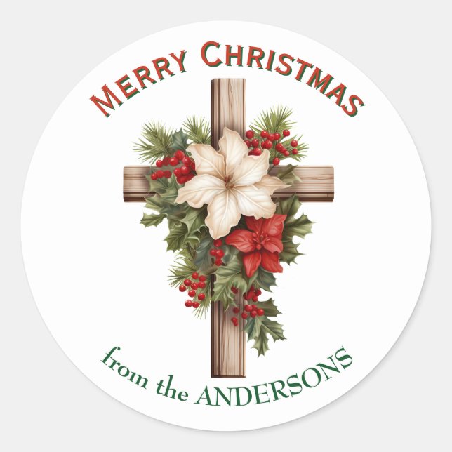 Sticker Rond Poinsettia Bouquet Christmas Cross (Devant)