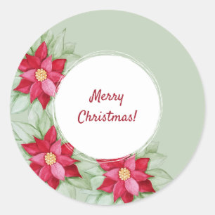 Sticker Rond Poinsettia de Noël Aquarelle Peinte à la main