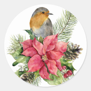 Sticker Rond Poinsettia de Noël avec oiseaux