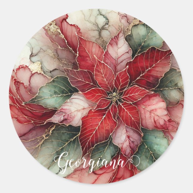 Sticker Rond Poinsettia d'encre d'alcool floral festif personna (Devant)