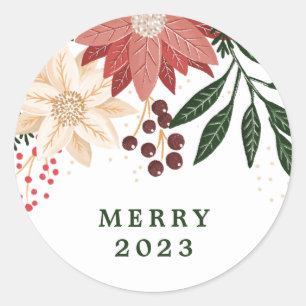 Sticker Rond Poinsettia Élégant Joyeux Noël Aquarelle