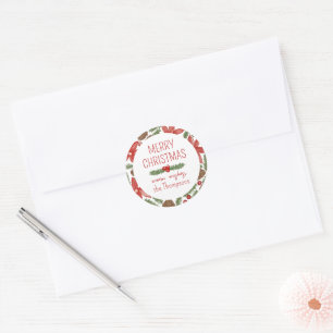 Sticker Rond Poinsettia et pin aquarelle Joyeux Noël