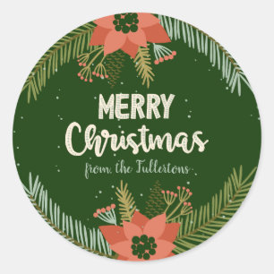 Sticker Rond Poinsettia et Pine cadeau de vacances