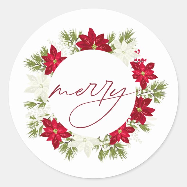 Sticker Rond Poinsettia Fleur et Pin Rond Merry (Devant)