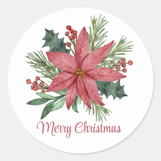 Sticker Rond Poinsettia hiver Rouge Floral Joyeux Noël (Devant)