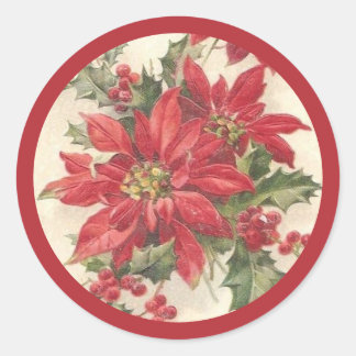 Sticker Rond Poinsettia Holly Vintage Sceau de Noël
