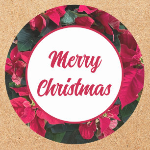 Sticker Rond Poinsettia Photo Rouge Joyeux Noël