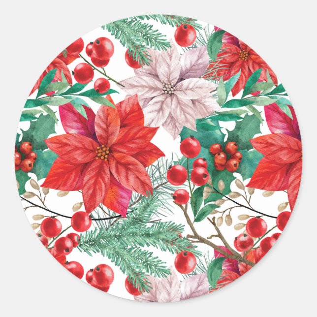 Sticker Rond Poinsettia, Pine Boughs et Red Berries (Devant)