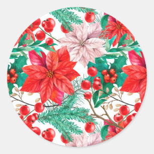 Sticker Rond Poinsettia, Pine Boughs et Red Berries