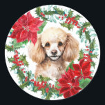 Sticker Rond Poinsettia Poinsettia Holly Christmas Wreath<br><div class="desc">Ces jolis stickers Holiday ont une image vintage d'une fraise sainte et une couronne de poinsettia rouge. Au centre se trouve un beau portrait aquarelle d'un jouet Poodle. Parfait pour votre correspondance de Noël ou forfaits cadeaux!</div>