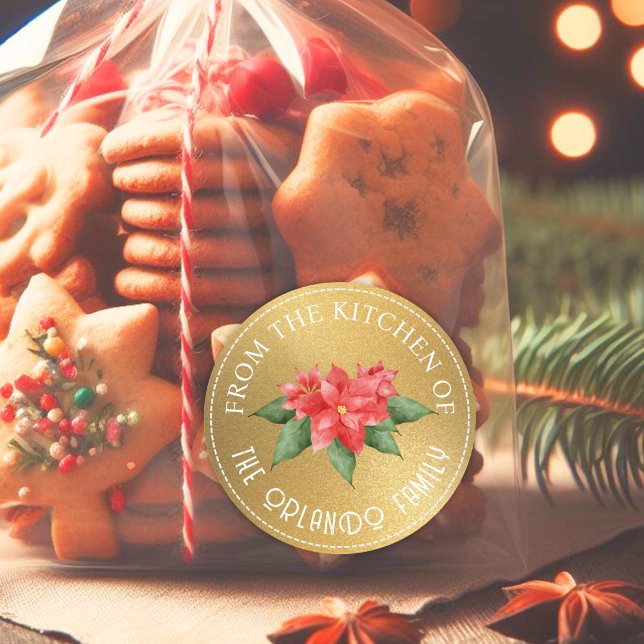 Sticker Rond Poinsettia rouge de la cuisine Or Noël (Créateur téléchargé)