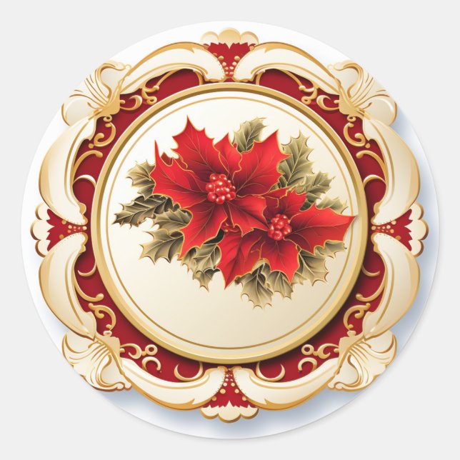 Sticker Rond Poinsettia Rouleau Rouge Doré (Devant)