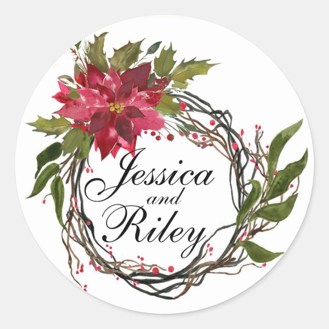Sticker Rond Poinsettia Wreath Feuilles & Berries Monogramme (Devant)