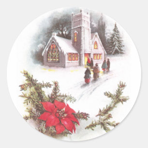 Sticker Rond Poinsettias et l'église de campagne Noël Vintage