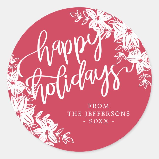 Sticker Rond Poinsettias - Joyeuses Vacances - Cadeau (Devant)