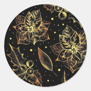 Sticker Rond Poinsettias Noir & Or & Holly