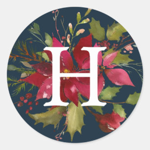Sticker Rond Poinsettias Peint   Vacances Monogrammes