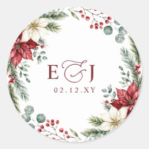 Sticker Rond Poinsettias Pommes de pin Mariage de Noël botaniqu