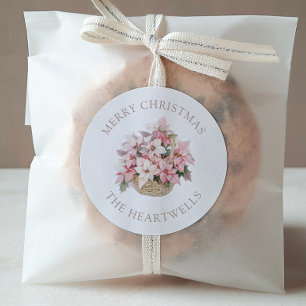Sticker Rond Poinsettias rose Personnalisé Joyeux Noël