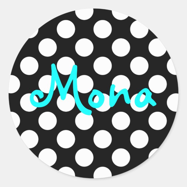 Sticker Rond Pointe Polka Noir et Blanc Personnalisé Aqua (Devant)