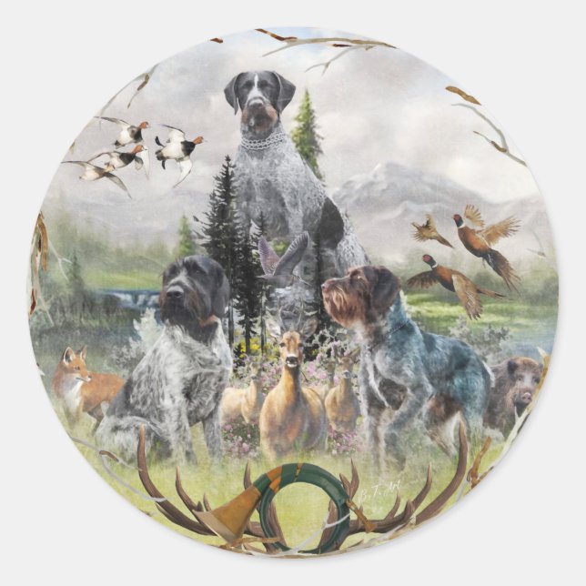 Sticker Rond Pointeur À poils durs allemand (Devant)