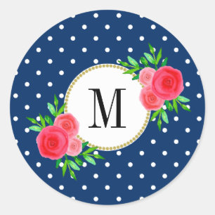 Sticker Rond Points Bleus Marine Cute Aquarelle Rouge Monogramm