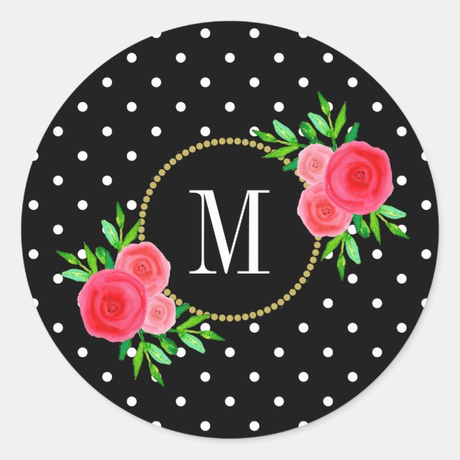 Sticker Rond Points noirs mignons Aquarelle rouge Monogramme fl (Devant)