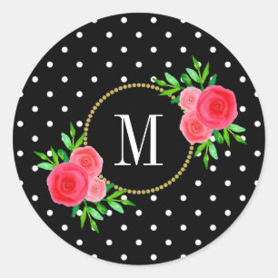 Sticker Rond Points noirs mignons Aquarelle rouge Monogramme fl