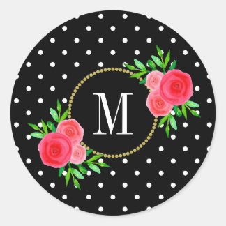 Sticker Rond Points noirs mignons Aquarelle rouge Monogramme fl