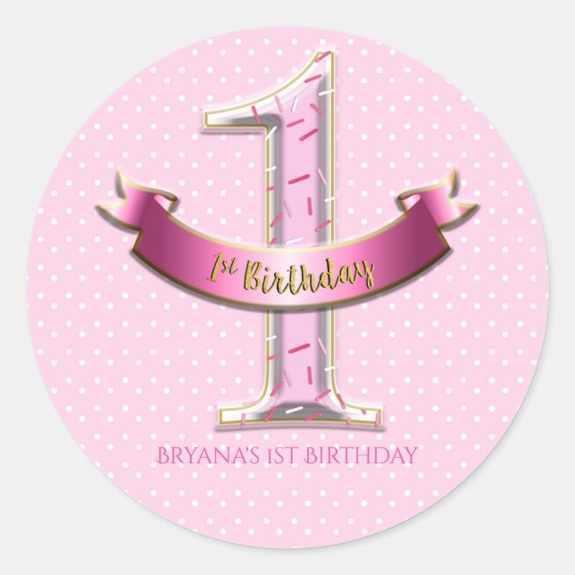 Sticker Rond Points roses et bannière ONE 1er 1er anniversaire (Devant)