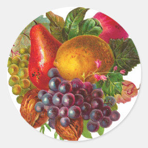 Sticker Rond Poire vintage, raisin, citron, Apple, et noix