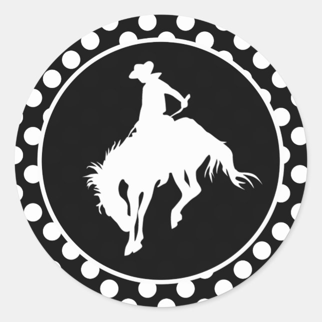 Sticker Rond Pois noirs et blancs; Rodeo Cowboy (Devant)