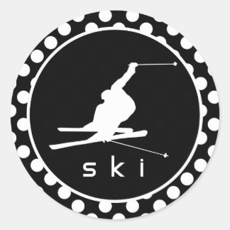 Sticker Rond Pois noirs et blancs ; ski de neige
