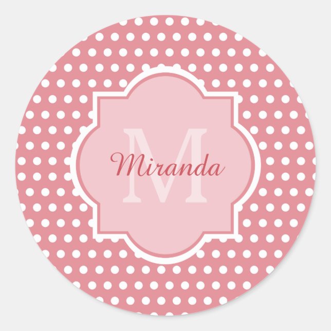 Sticker Rond Pois roses mignons avec Monogramme et nom (Devant)