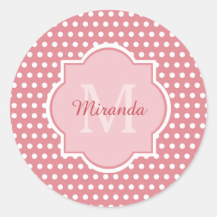 Sticker Rond Pois roses mignons avec Monogramme et nom