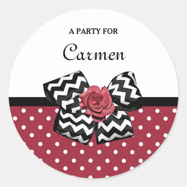 Sticker Rond Pois rouges mignons avec Rose Chevron Bow et nom (Devant)