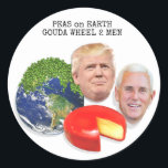 Sticker Rond Pois sur Terre Gouda Roue 2 Hommes Trump & Pence<br><div class="desc">Ce design unique est un puzzle rebus avec les portraits du président Donald Trump et du vice-président Michael Pence. Il révèle des voeux humoristiques pour "Paix sur Terre Bonne Volonté aux Hommes" (Pois sur Terre, Gouda Wheel, 2 Hommes). Ceux qui apprécient l'humour nerveux se feront un plaisir de promouvoir la...</div>