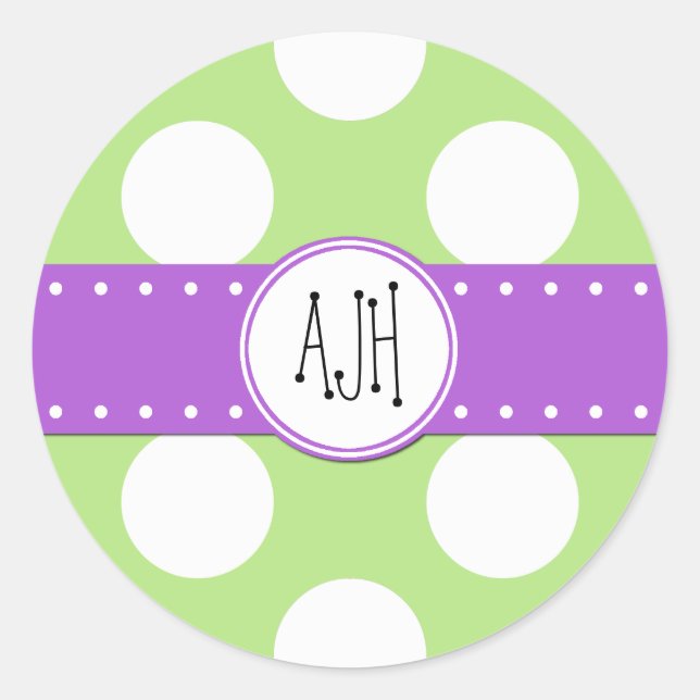 Sticker Rond Pois verts, Motif à points polka, Monogramme (Devant)
