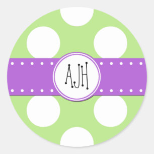 Sticker Rond Pois verts, Motif à points polka, Monogramme