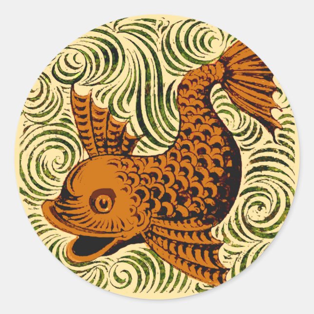 Sticker Rond Poisson Antique Carrelage Ancien art (Devant)