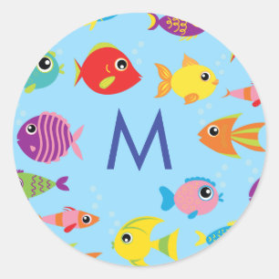 Sticker Rond Poisson Aquarium mignon Nom de l'enfant Enveloppe