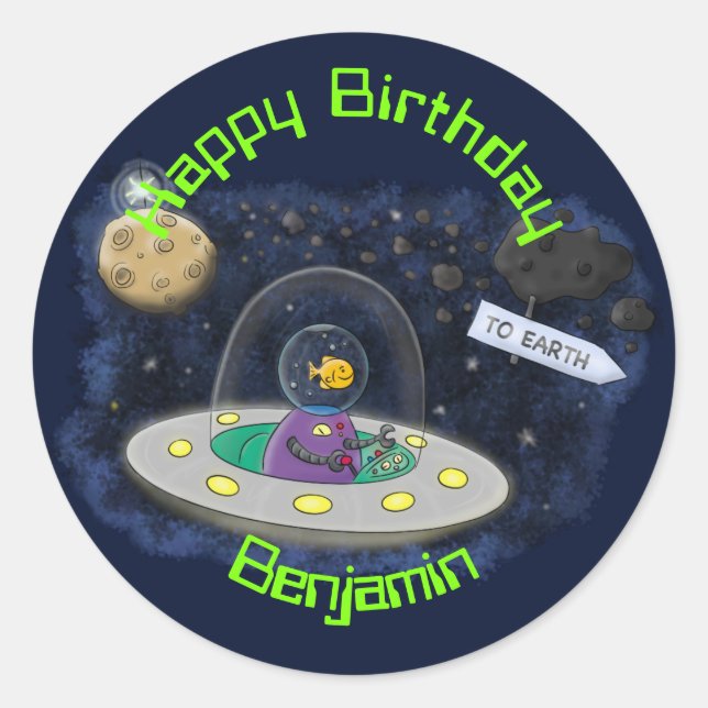 Sticker Rond Poisson dans OVNI, vaisseau spatial dessin (Devant)