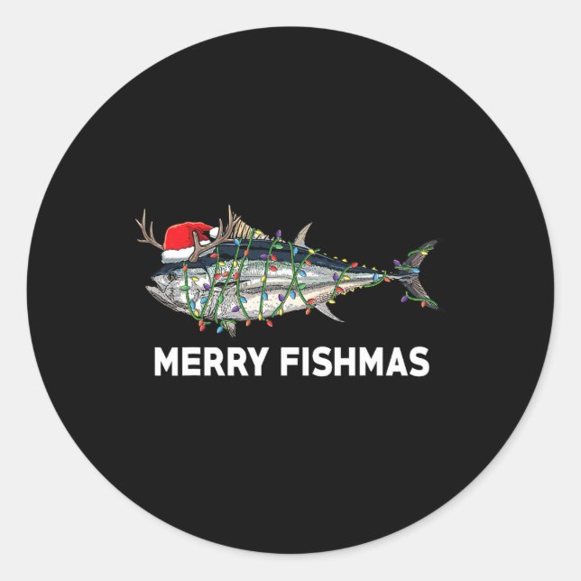 Sticker Rond Poisson de thon amusant Noël Santa Claus Xmas Pêch (Devant)