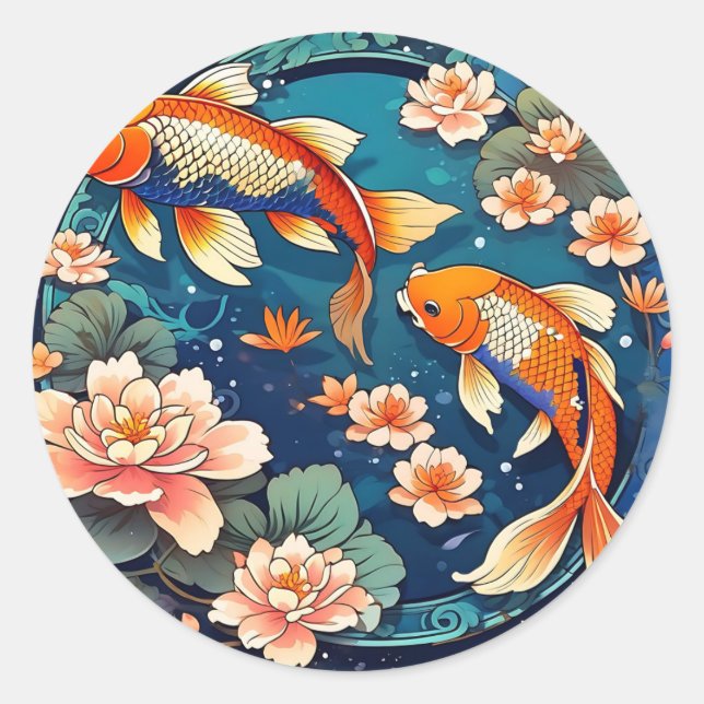 Sticker Rond Poisson Koi vintage sur Indigo (Devant)