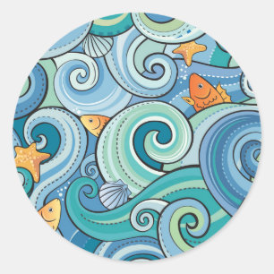 Sticker Rond Poisson Parmi Le Motif Des Vagues