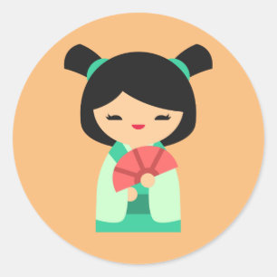 Sticker Rond Poisson rose Kokeshi Poupées japonaises